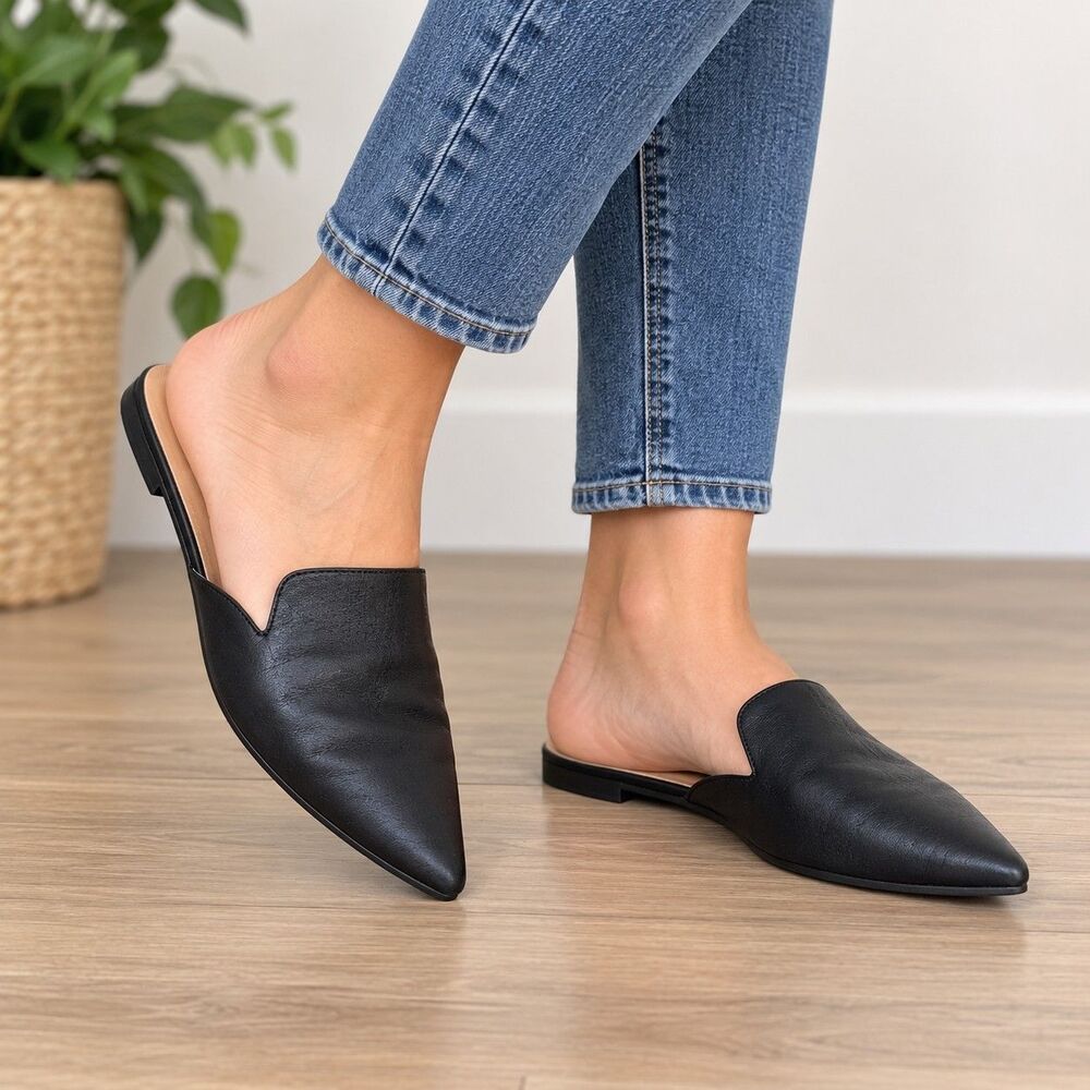 Banana Republic Womens 7.5 Black Pointed Toe Mule Flats Slip On Shoes